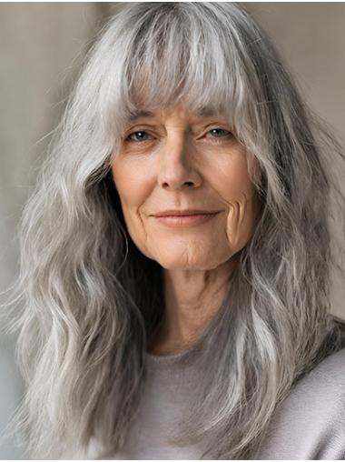 Long 16" Wavy Grey Wig with Full Bangs