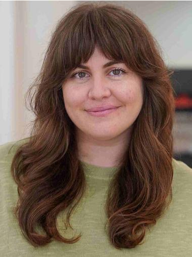 16" Brown Wavy Human Hair Lace Front Wig – With Bangs