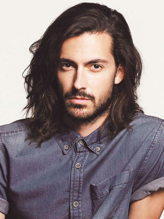 Remy Human Hair Lace Front Wig for Men – Shoulder Length Wavy Black Style
