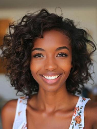 Layered Chin-Length Curly Human Hair Wig for African American Women