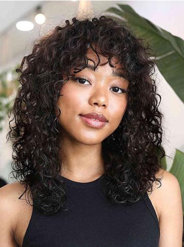 Long 16" Monofilament Black Wig with Bangs for African American Women