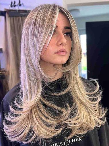 Long 18" Human Hair Wigs – Platinum Blonde Layered Wavy Wig