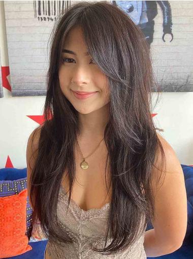 24" Black Long Remy Human Hair Wigs – Layered Straight Wig