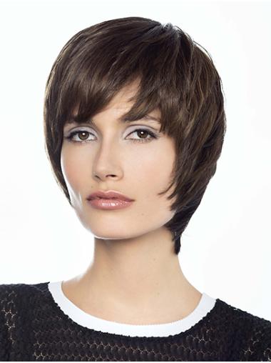 Short Brown 8" Layered Human Hair Wig – Monofilament Elegant Look