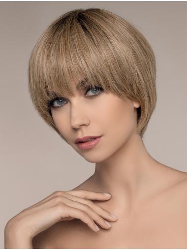 Short Blonde Wig with Bangs – Straight Style, Hand-Tied Human Hair