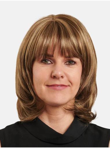 Shoulder-Length Straight Blonde Wig – 100% Hand-Tied Human Hair with Bangs
