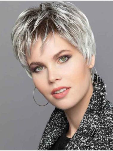 Short Pixie Grey Wig – Straight Synthetic Hair with Monofilament Top