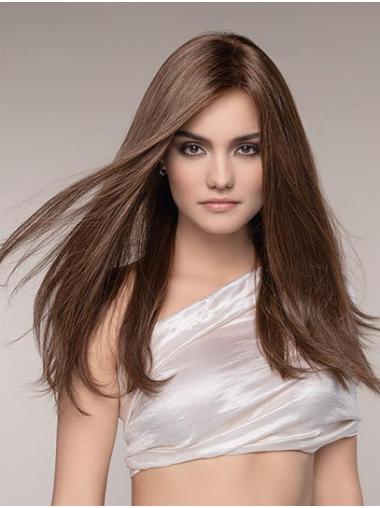 Hand-Tied 16" Long Brown Straight Remy Human Hair Wig – No Bangs