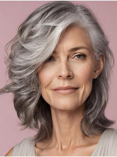 Layered Grey Wavy Chin-Length Monofilament Wig – Elegant & Natural Look
