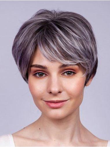 Short 6" Straight Grey Remy Human Hair Wigs for Women