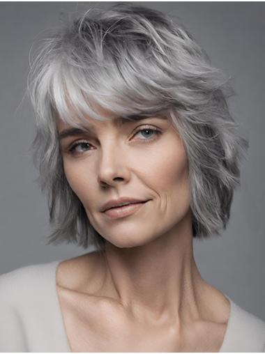 Short Wavy Grey Bob Wig – Monofilament Synthetic Wig for Women