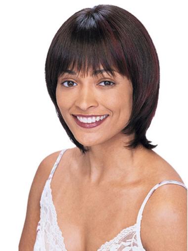 Stylish Auburn Human Hair Wigs — Chin Length, Straight with Bangs