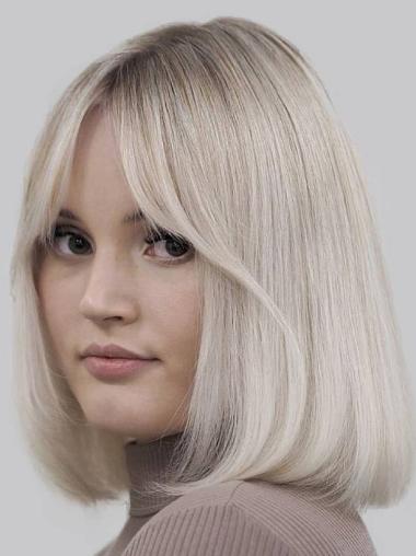 Shoulder-Length Platinum Bob Wig – 12” Straight Remy Human Hair, Mono Cap