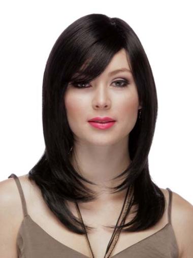 Black 16 Inch Wig – Long Human Hair, 100% Hand-Tied Cap Design