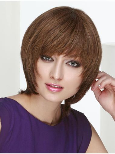 Chin Length Straight Brown Remy Human Hair Lace Wig 10" – For Sale