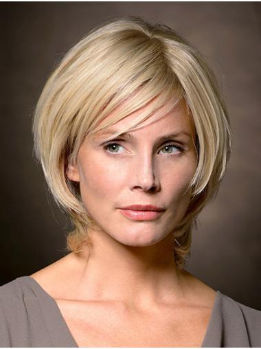 Short Straight Human Hair Wigs – Platinum Blonde with Bangs 100% Hand-Tied