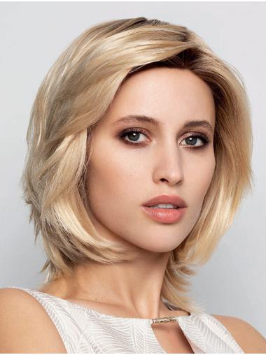 Blonde Chin Length Straight Layered Wig – 100% Hand-Tied Human Hair for Women