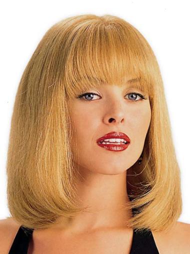 Blonde 14 Inch Monofilament Human Hair Wig – Shoulder Length with Bangs