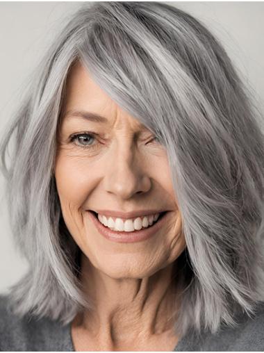 Monofilament Lace Front Wig – Grey Straight Shoulder-Length Hair with Soft Bangs