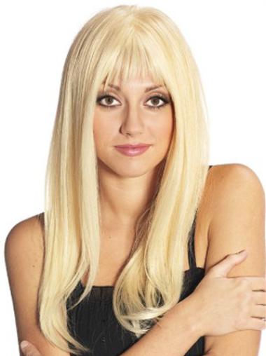 2025 Blonde Full Lace Wig with Bangs – Long Human Hair for a Perfect Look